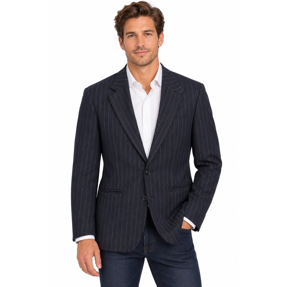 Hugo Boss Vincent Navy Blue Pinstripe Virgin Wool Blazer 38R Elbow Patches